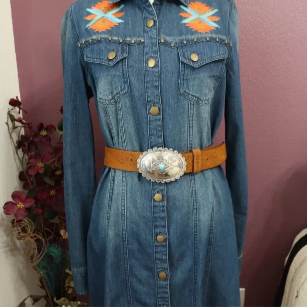 Denim Long Sleeve Dress with Embroidered Accents